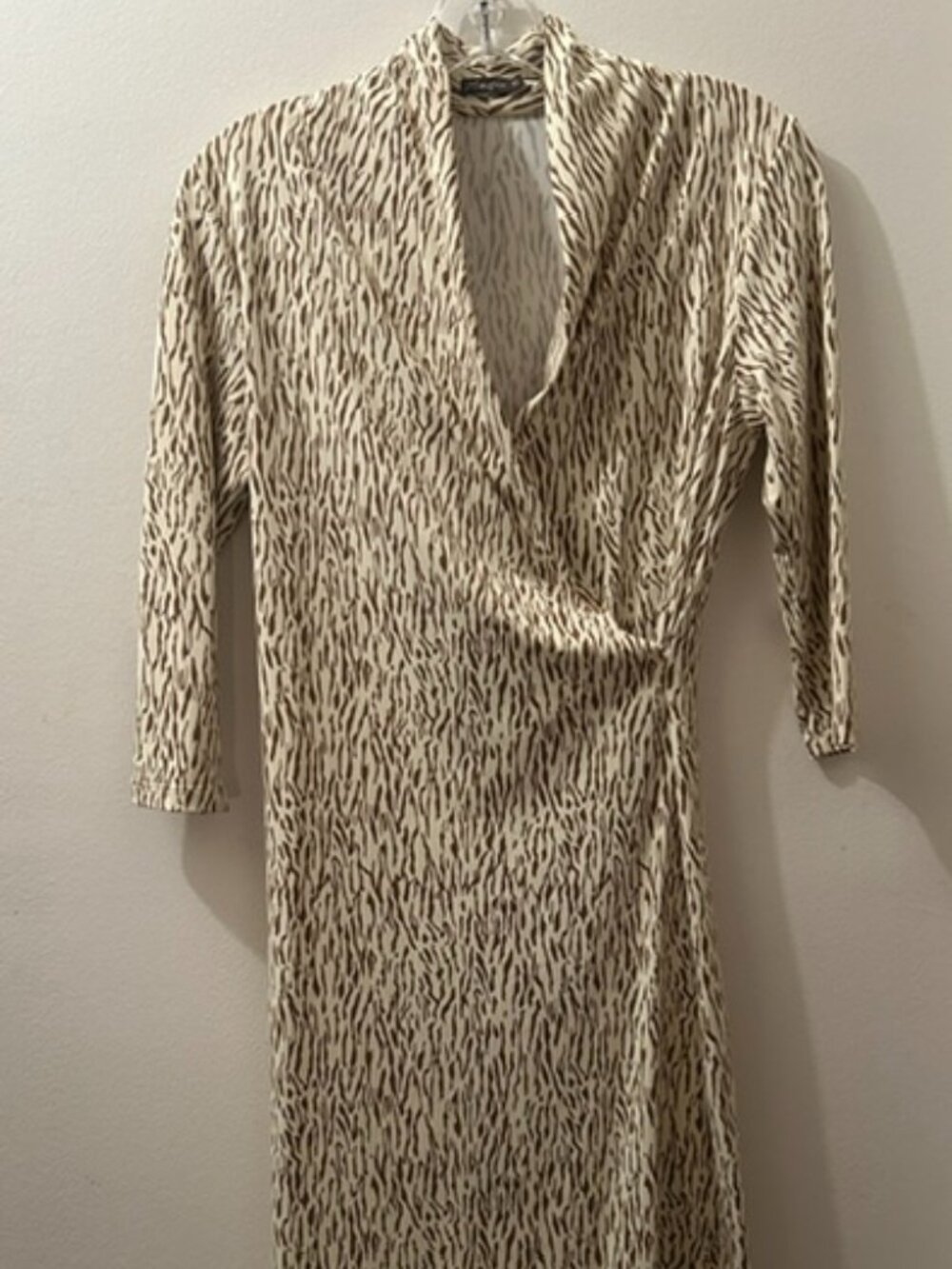 J McLaughlin Catalina Cloth Panama Brown Cream Zebra Print Faux Wrap Neck Dress